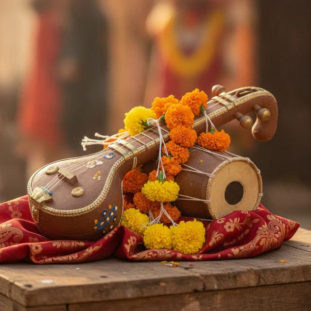 वीणा आणि डमरू (वीणा-डमरुक-वाद्य), चित्र II चे AI चित्रण